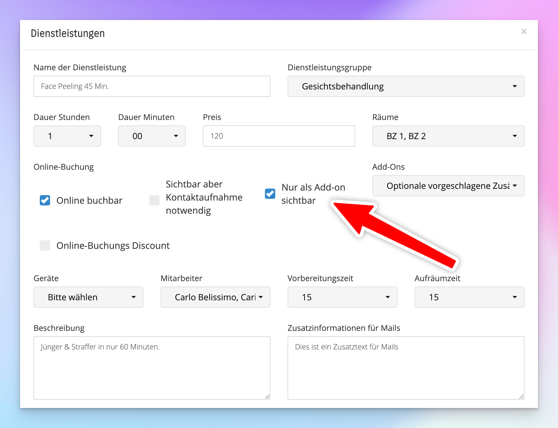 Neue Funktion um Dienstleistungen im Online-Booking unsichtbar zu machen